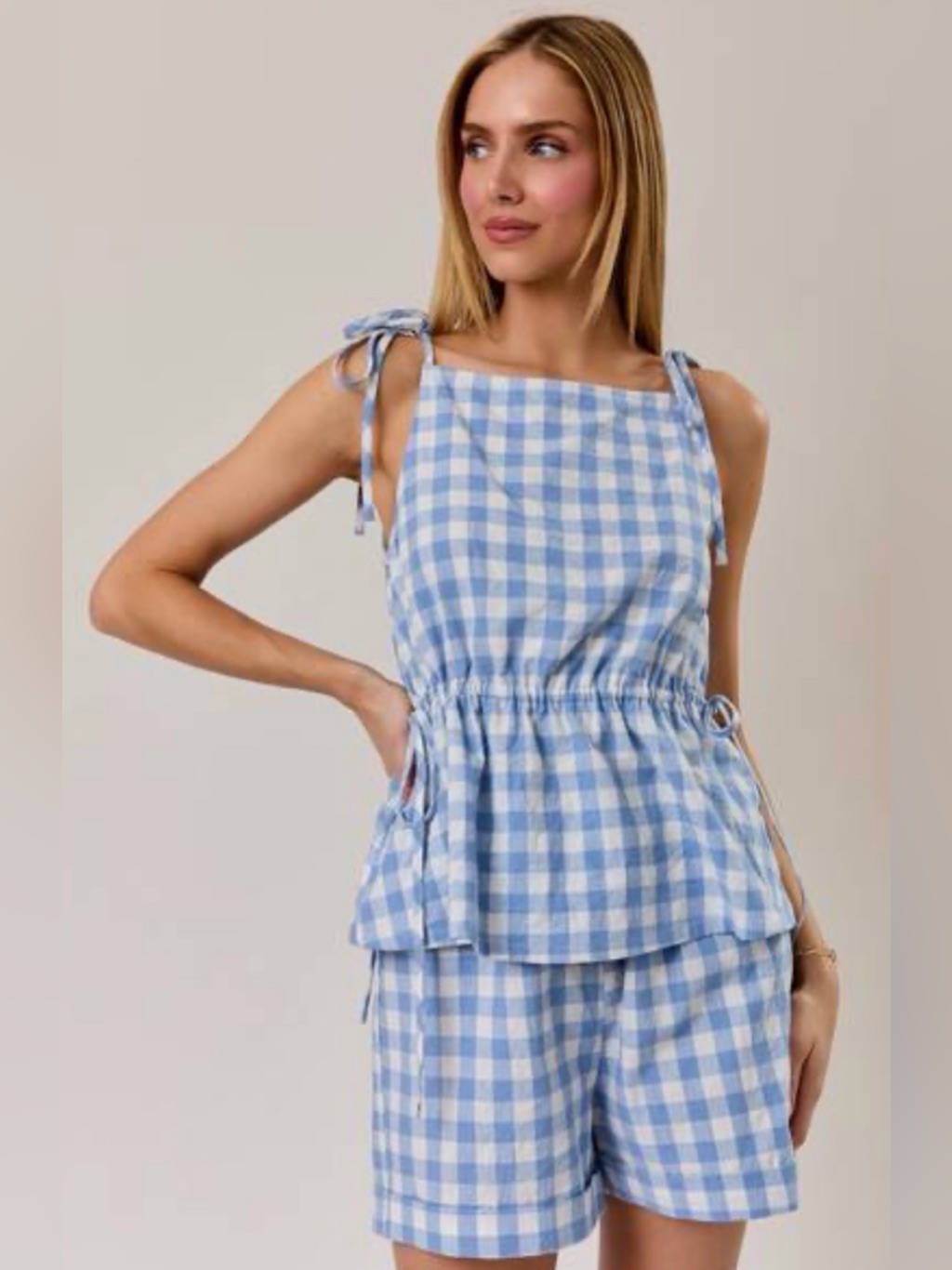 256 Blue Gingham Tie-Shoulder Tank And Shorts Set